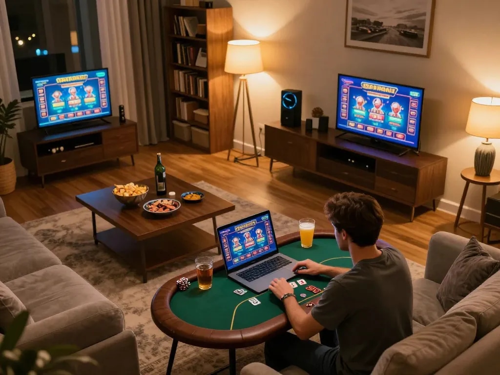 Player enjoying MB66 online poker in a cozy home setup, showcasing strategic gameplay and relaxed atmosphere