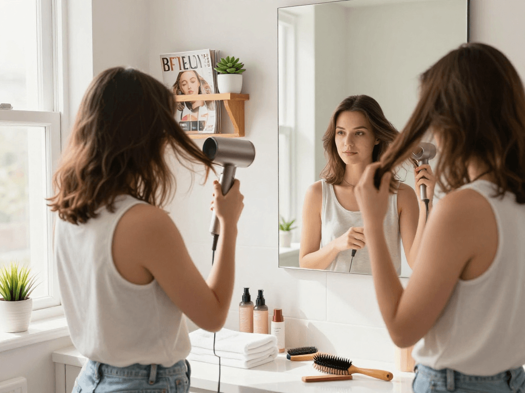 Youthful woman enjoying her mini hair dryer to style hair in a bright bathroom setting