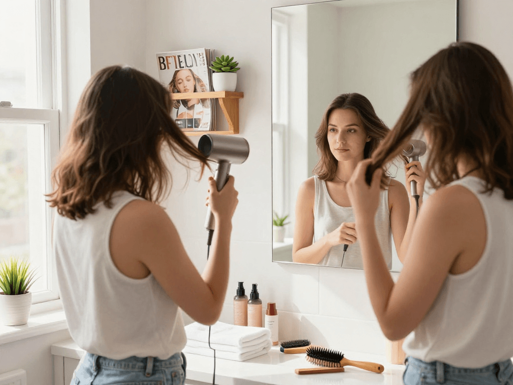 Youthful woman enjoying her mini hair dryer to style hair in a bright bathroom setting