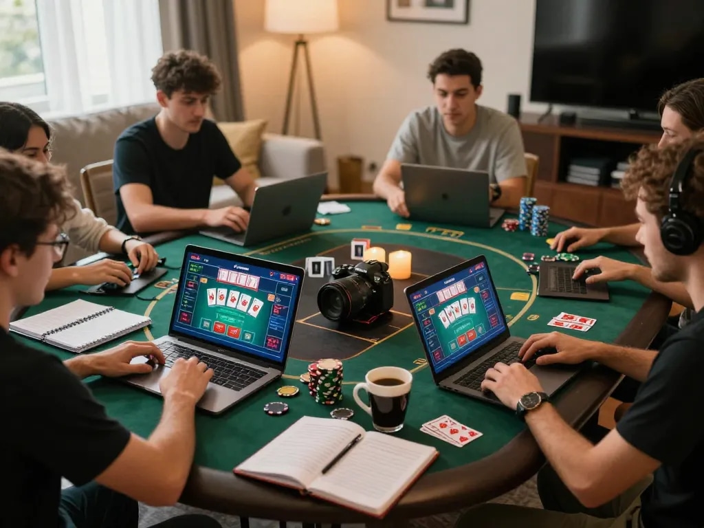 F168 players strategizing their poker game on laptops in a cozy home setting