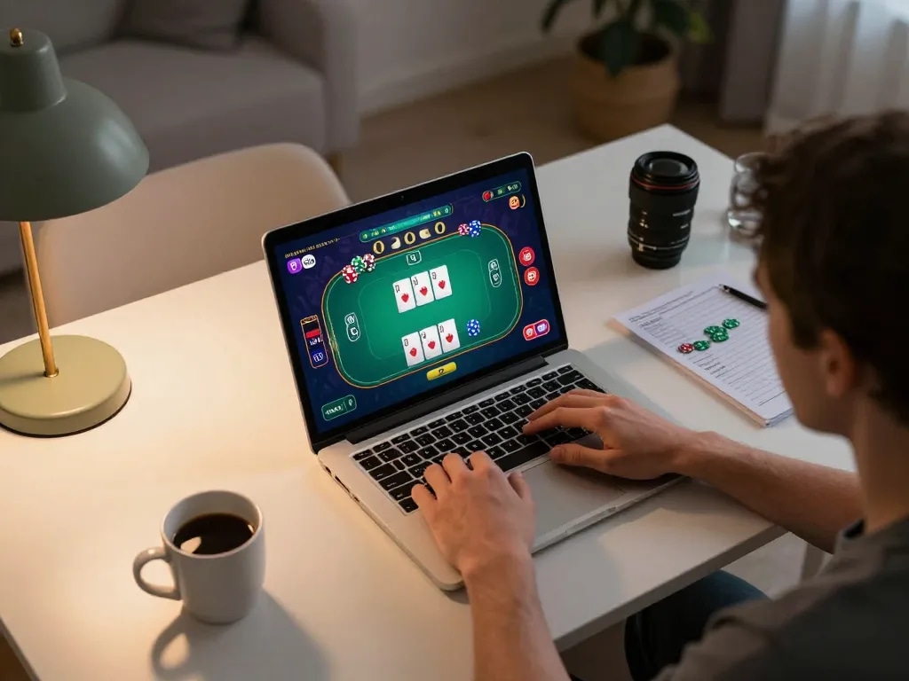 Player engaging in online fly88 poker, with laptop displaying game interface, warm home lighting enhancing atmosphere.