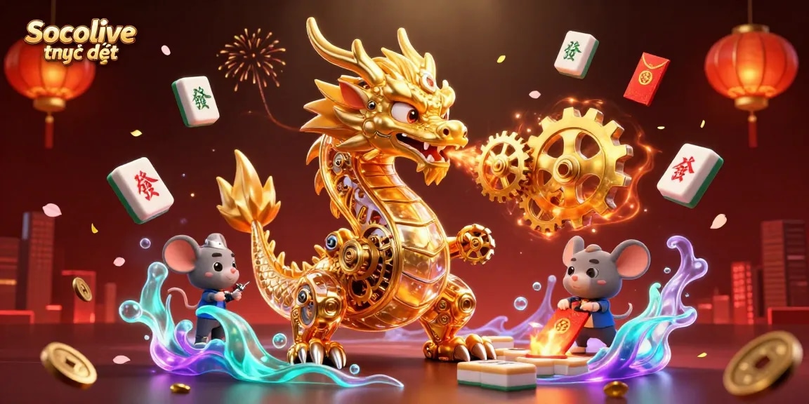 Socolive trực tiếp showcases a golden dragon breathing gears, emphasizing exhilarating gaming action and excitement.