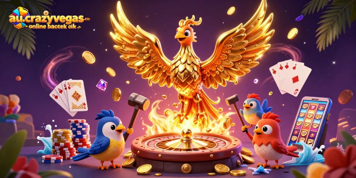 Play a thrilling game of blackjack at au.crazyvegas.com online blackjack with a golden phoenix and vibrant casino elements.