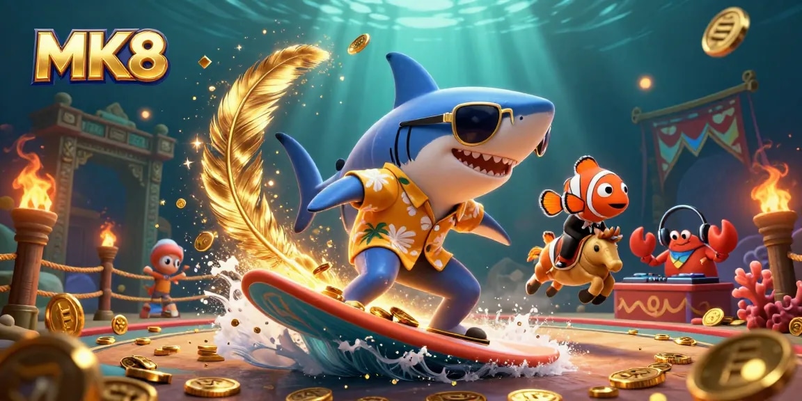 Bet big and win with MK8, a lively underwater casino scene featuring a shark and friends among coins.