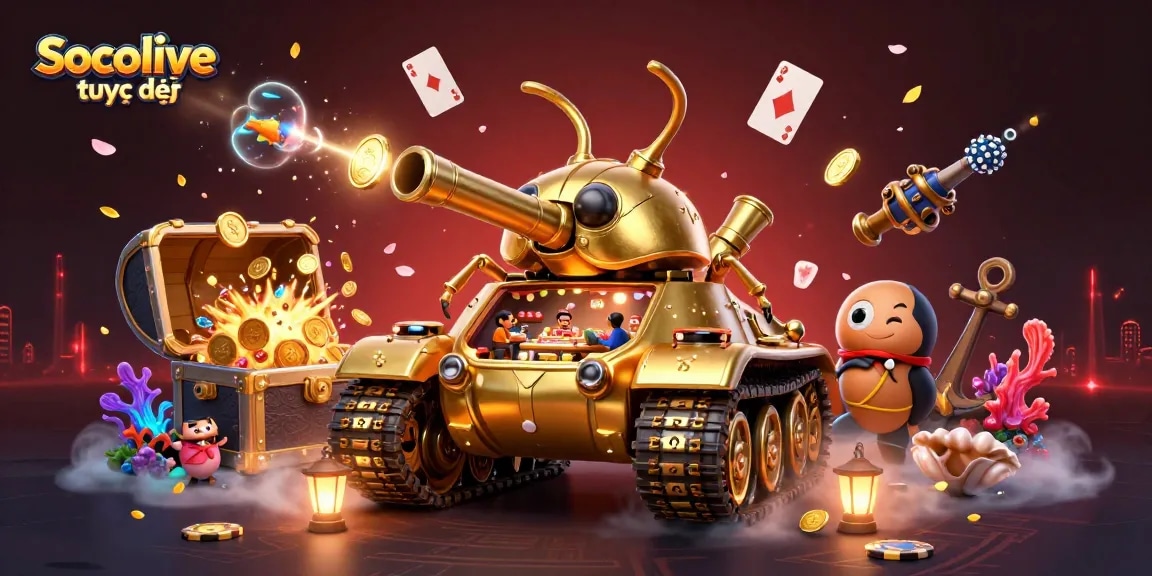 Socolive trực tiếp showcases a vibrant casino scene with a golden beetle tank revealing a miniature casino and colorful treasures.