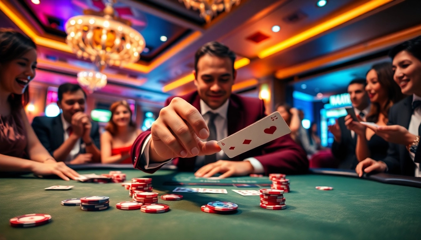 Pflegedienst bei einem aufregenden Casino-Poker-Spiel mit einem Dealer und Spielern.
