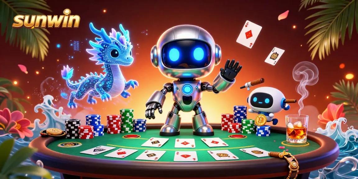 Experience thrilling gameplay with sunwin's 3D cyberpunk casino illustration featuring poker tables and dynamic characters.