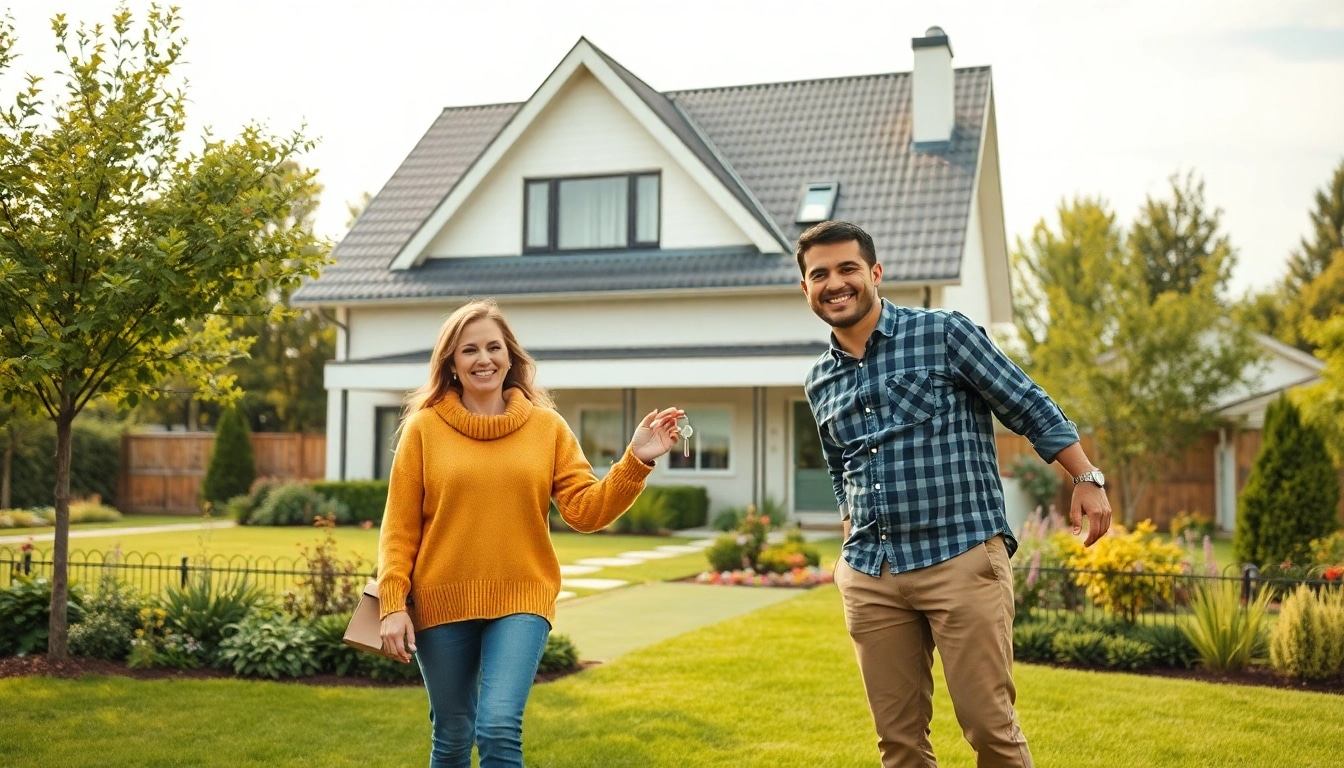 Familie zeigt ihren neuen Hauskauf-Glücksmoment vor ihrem modernen Einfamilienhaus.