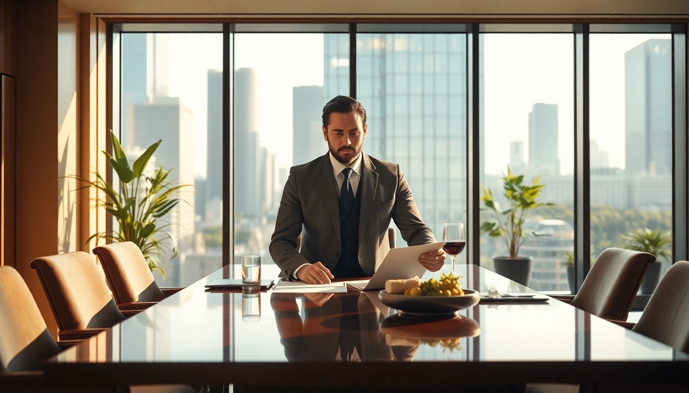 Headhunter Gastronomie analysiert Lebensläufe in einem eleganten Büro mit städtischem Hintergrund.