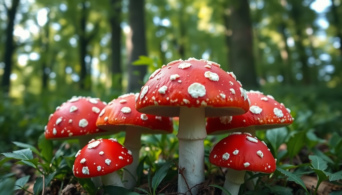 Fliegenpilz bestellen - Erleben Sie fliegenpilze in einem natürlichen Waldumfeld mit leuchtend roten Kappen und weißen Punkten.