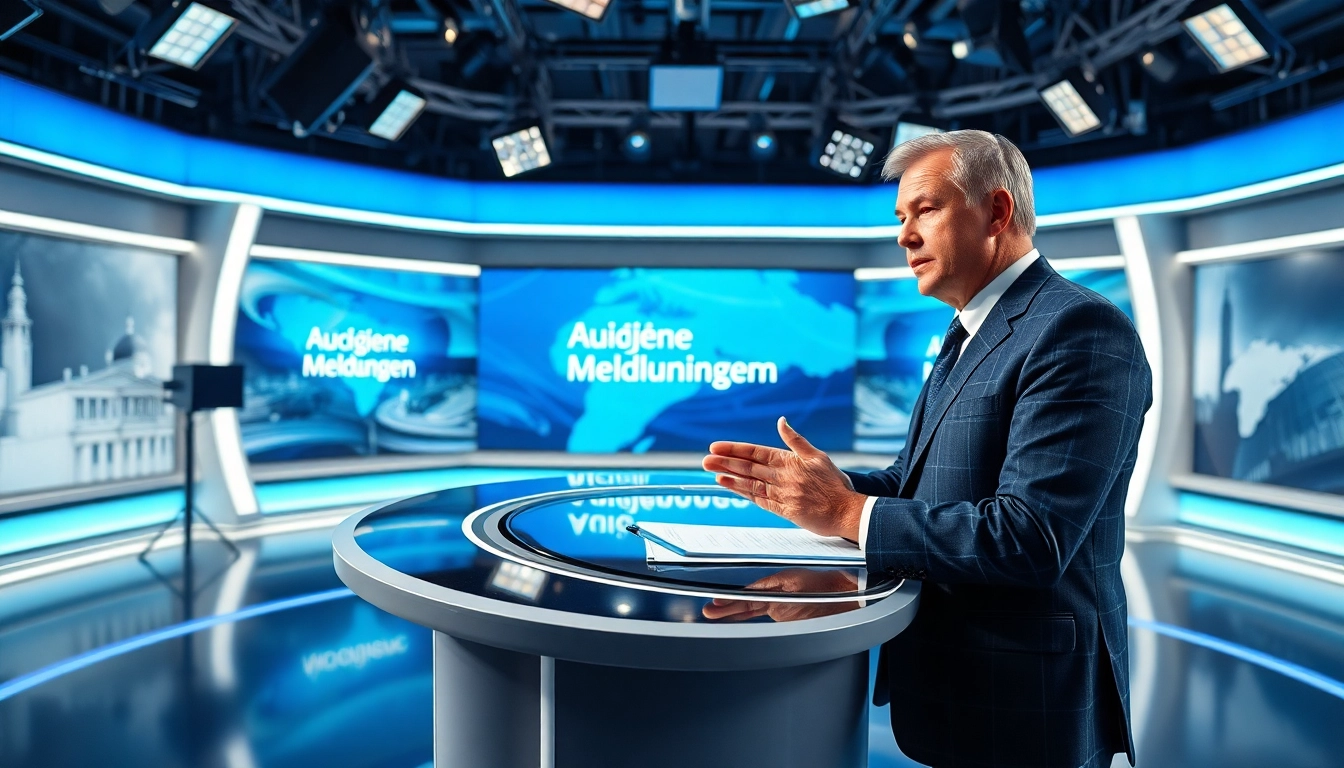 Aktuelle Meldungen werden von einem Nachrichtensprecher in einem modernen Studio präsentiert.