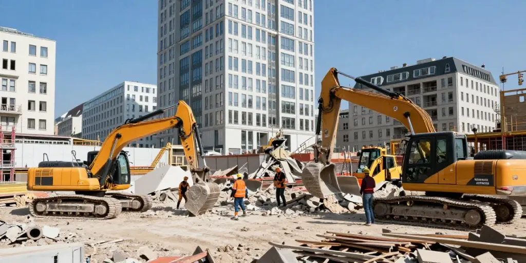 Abriss Wien Baustelle mit Baggern und Arbeitern in Sicherheitsausrüstung, die aktive Abrissarbeiten durchführen.