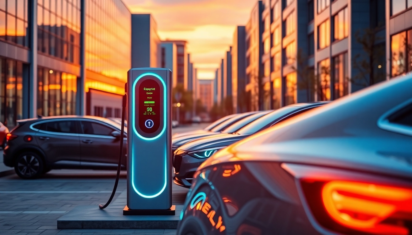 Elektroautos laden an moderner Ladestation in urbaner Umgebung bei Sonnenuntergang.