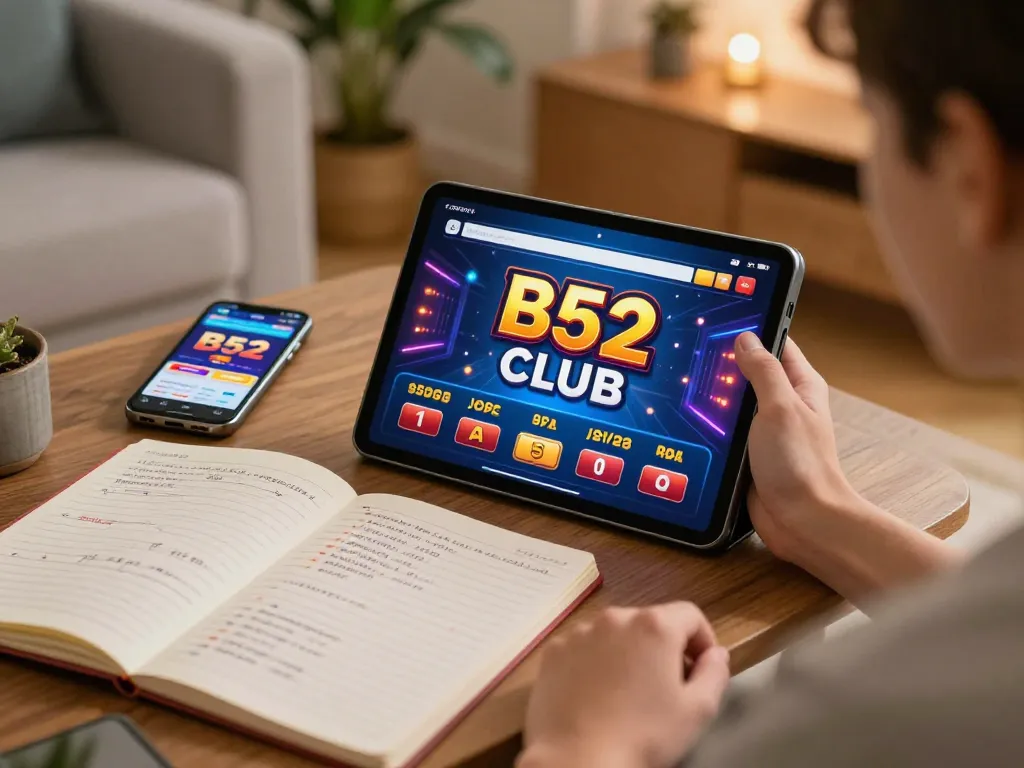 B52 club gaming experience at home with tablet showing casino app and strategic notes.