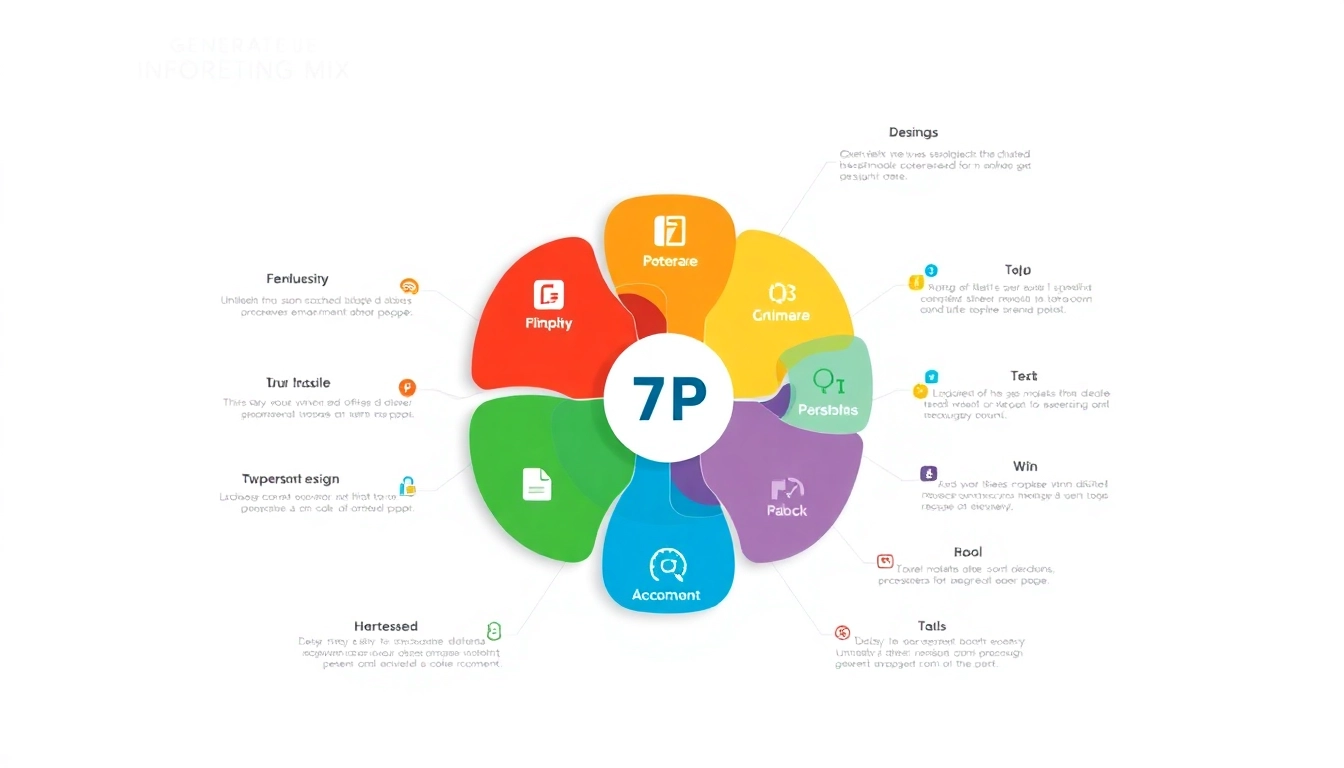 Visual representation of the 7p marketing mix illustrating Product, Price, Place, Promotion, People, Process, and Physical Evidence.