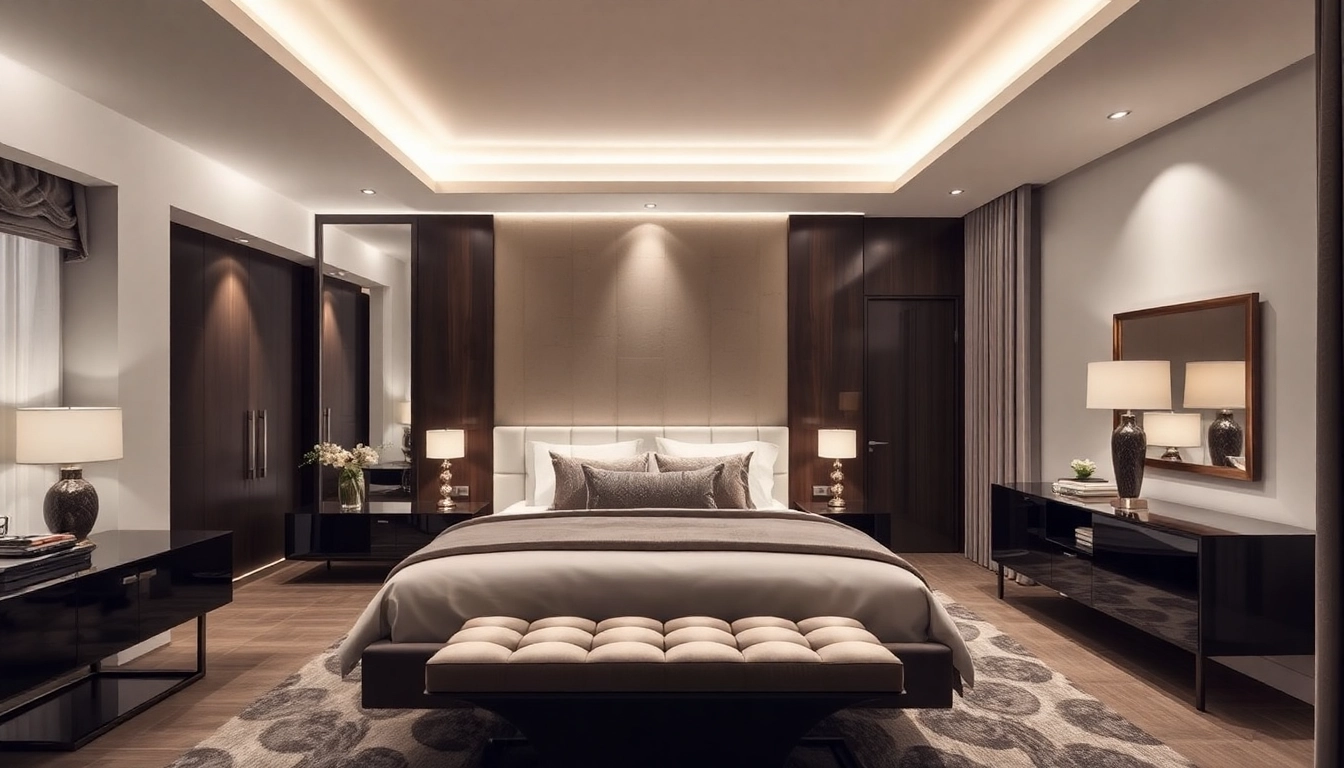 Experience luxury with a beautifully designed bedroom featuring elegant textures and soft lighting.