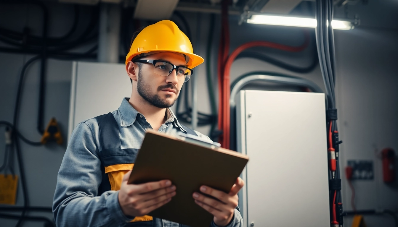 Technician performing DGUV V3 Prüfung to ensure workplace electrical safety compliance.