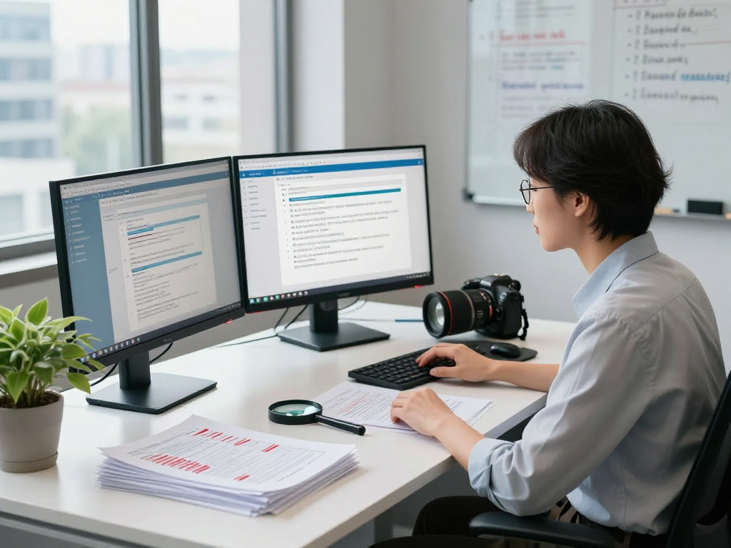 Document fraud detection analysis in an office with monitors showing verification software and red flags highlights.