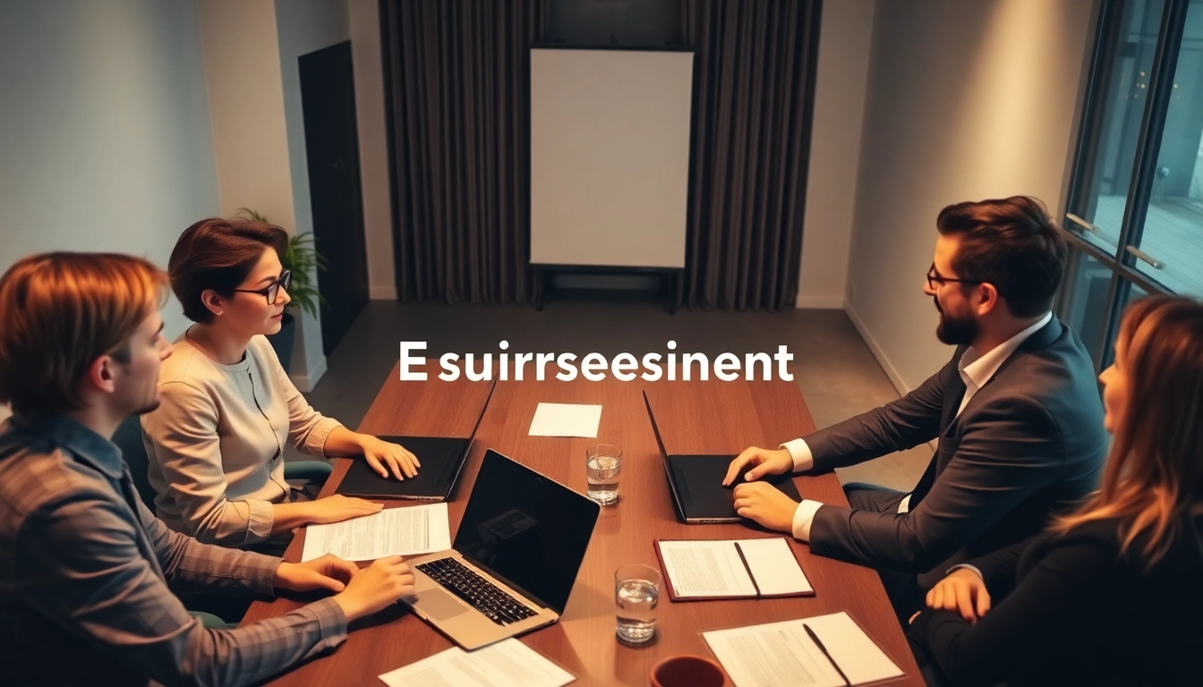 Engaged team discussing Unternehmensberatung strategies with charts and laptops on the table.
