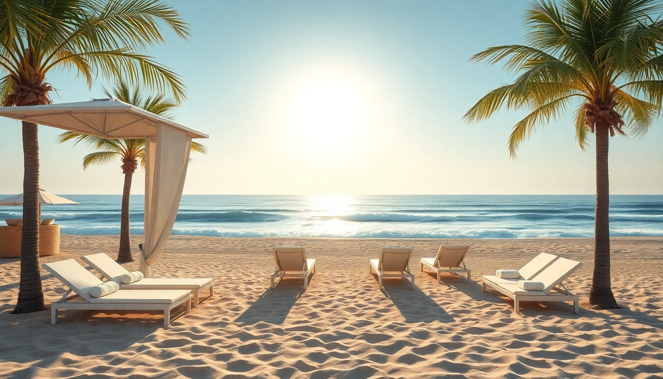 Coastal Cabana am Strand mit Palmen, Liegen und Sonnenuntergang.