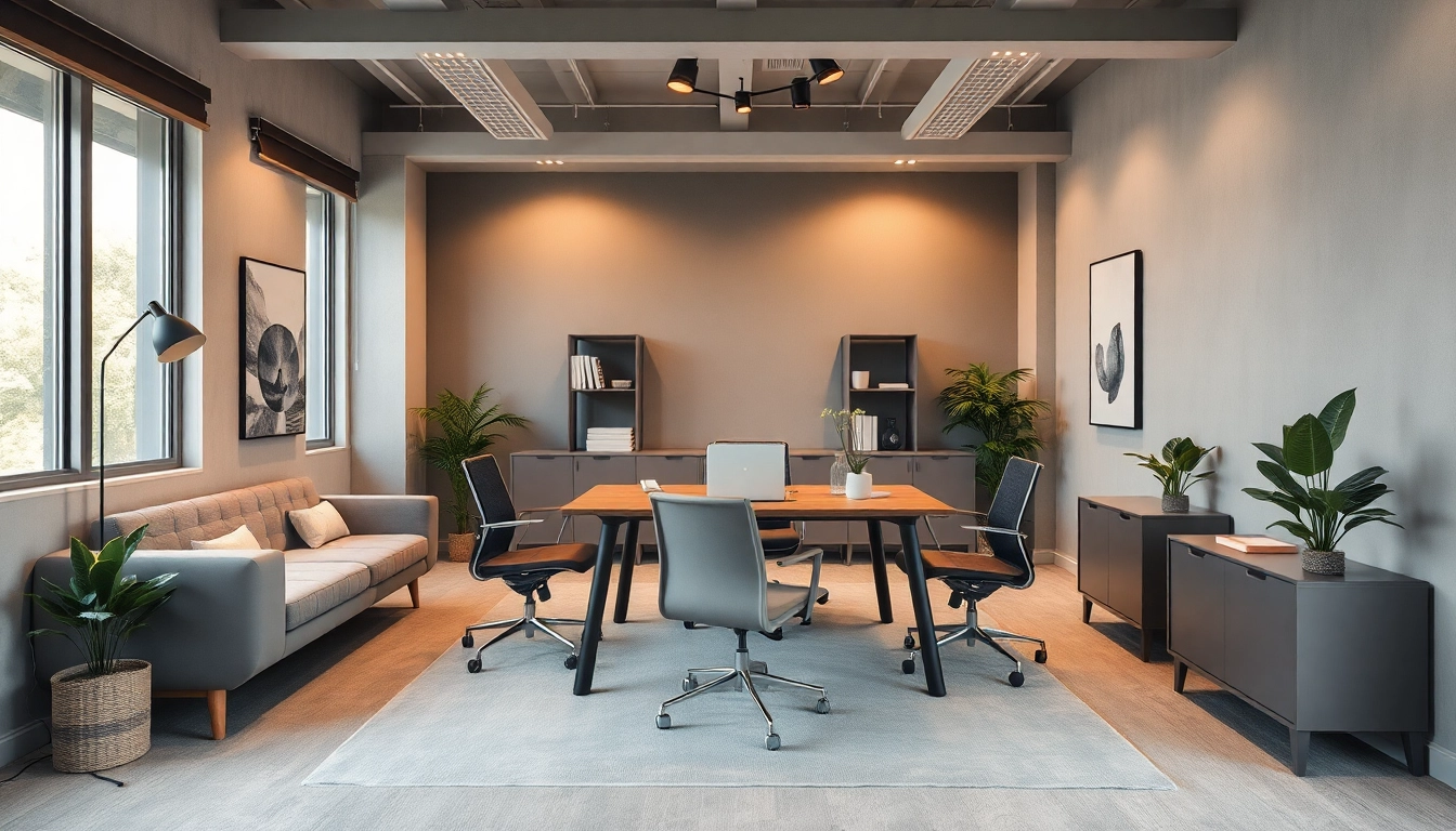 Modernes Büro mit stilvollen Büromöbeln, ergonomischen Stühlen und einem eleganten Schreibtisch.