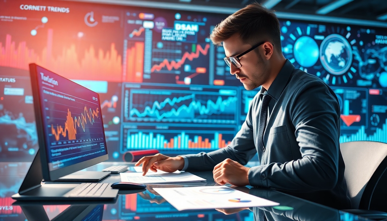 Analysing Internet Trends on a modern desktop setup featuring dynamic data graphics.