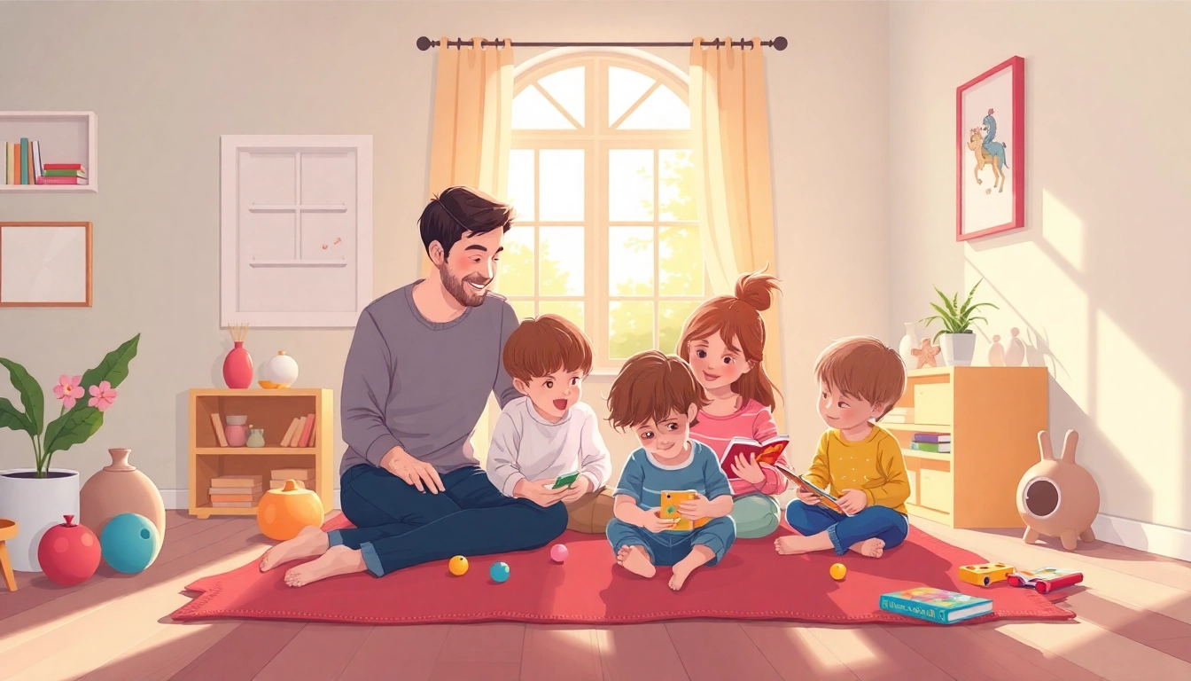 Kindererziehung: Eltern spielen fröhlich mit ihren Kindern in einer einladenden Wohnumgebung, die Wärme und Freude vermittelt.