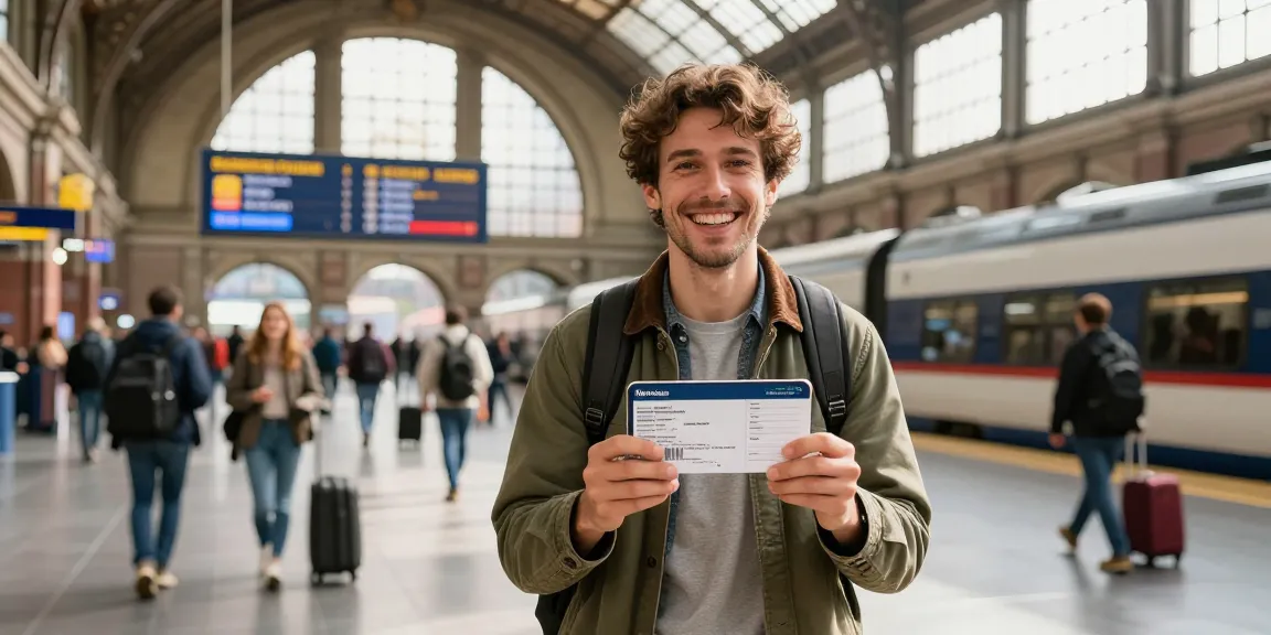 Glücklicher Reisender mit Zugtickets in Europa in einem belebten Bahnhof.