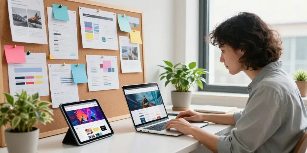 Webdesign Saarland: Designer beim Arbeiten an modernem Webdesign-Projekt in inspirierendem Studio.