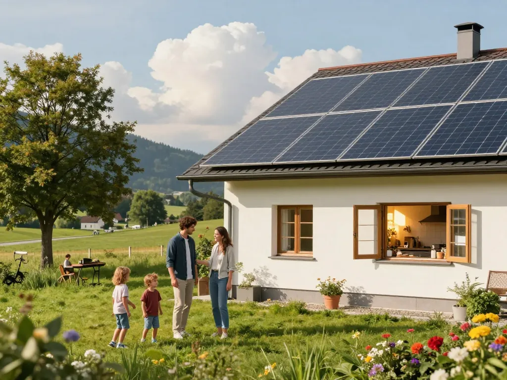 Photovoltaik Bayern Solarpanels auf einem Zuhause, das ein umweltfreundliches Familienleben zeigt.