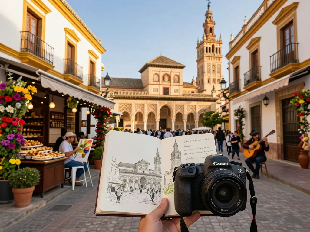 Reisetipps Sevilla: Reisender genießt die sonnigen Straßen mit dem Real Alcázar im Hintergrund, während er kulturelle Szenen skizziert.