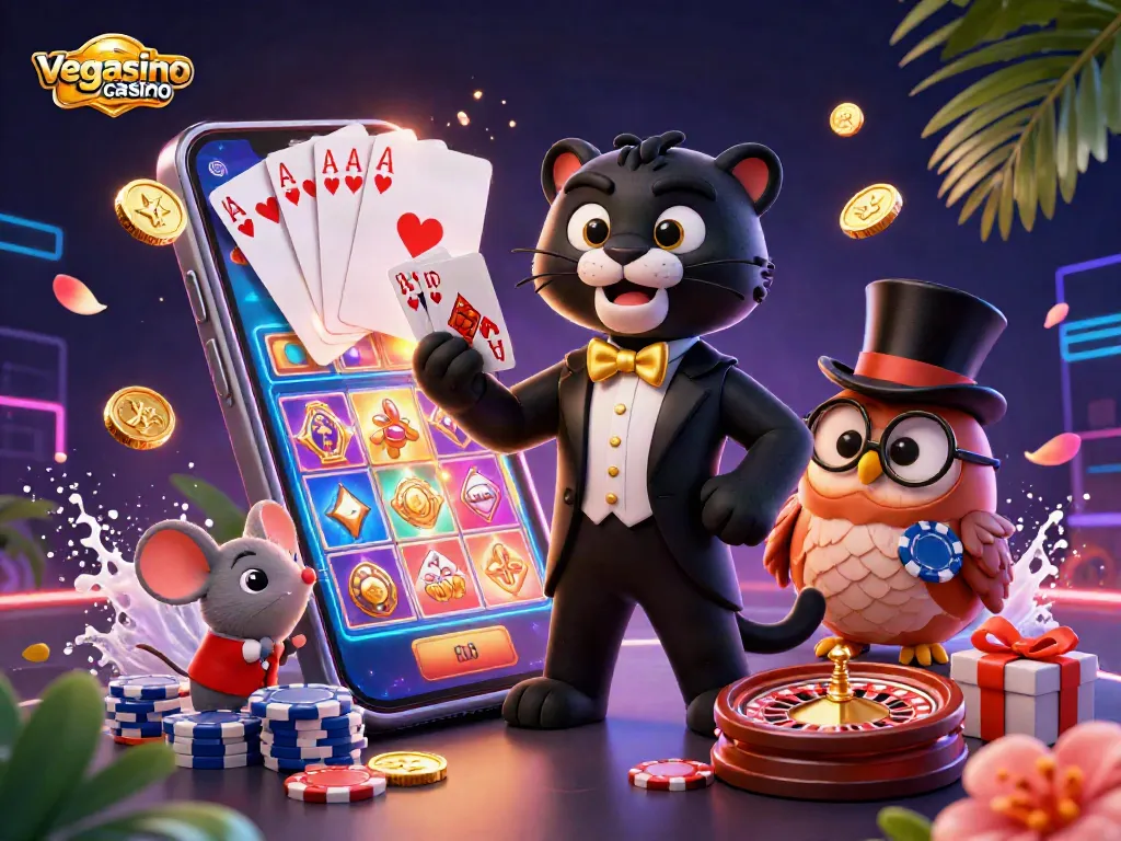 Engage with the excitement of vegasino casino as characters deal cards and showcase thrilling game elements.