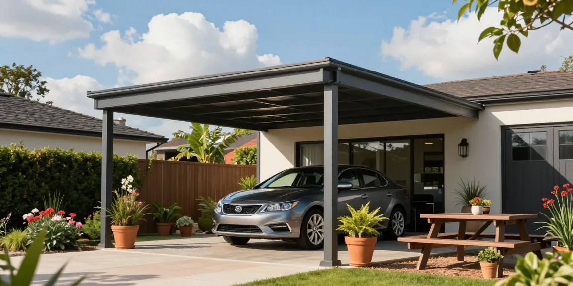 Moderne Carport-Struktur, die ein stilvolles Fahrzeug schützt, umgeben von einer einladenden Gartenlandschaft.