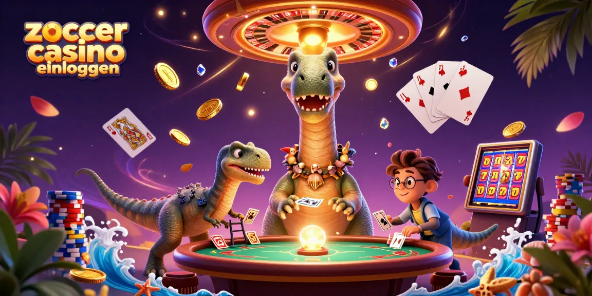 Erlebe das zoccer casino einloggen mit einem spielenden Brontosaurus und einem raffinierten Raptor in einem bunten Casino-Szenario.