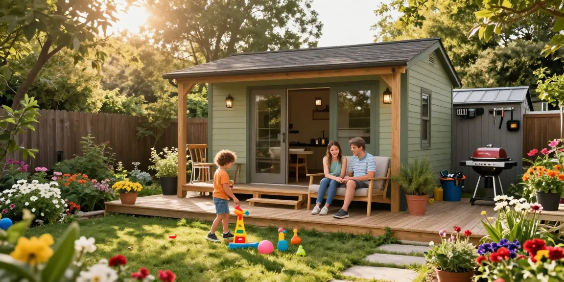 Gartenhaus kaufen: Familie genießt ihr neues Gartenhaus in einem blühenden Garten.