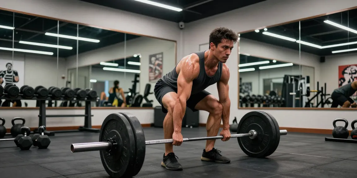 Starker Bodybuilder im Selliza Shop beim Training mit Gewichten.
