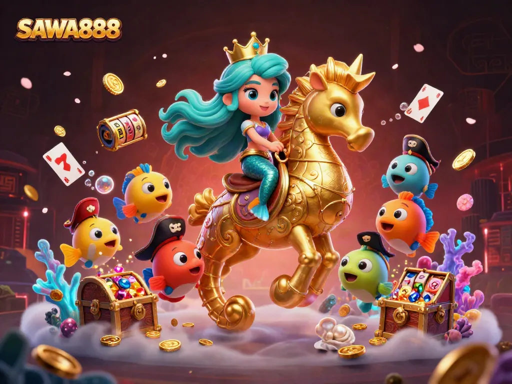 Experience the vibrant world of SAWA888 with a whimsical mermaid and seahorse amidst slots and treasures.