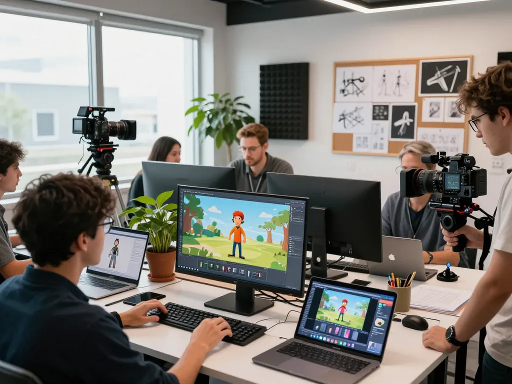 Creatives utilizing motion control technology in a vibrant video production studio, showcasing the collaborative effort in animation creation.