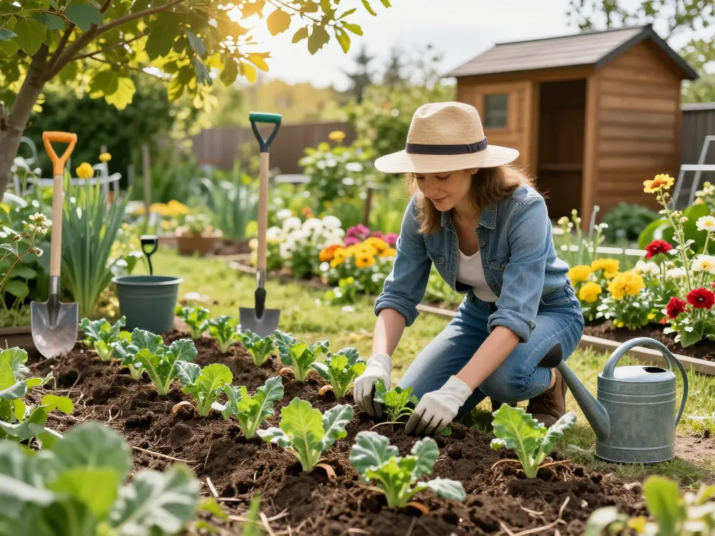 Gardener planting lauchpflanzen in a vibrant summer garden, surrounded by colorful flowers.