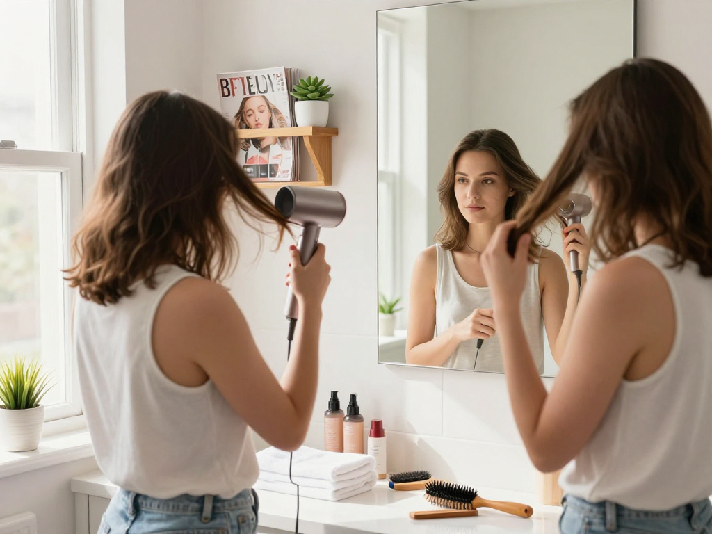 Youthful woman enjoying her mini hair dryer to style hair in a bright bathroom setting