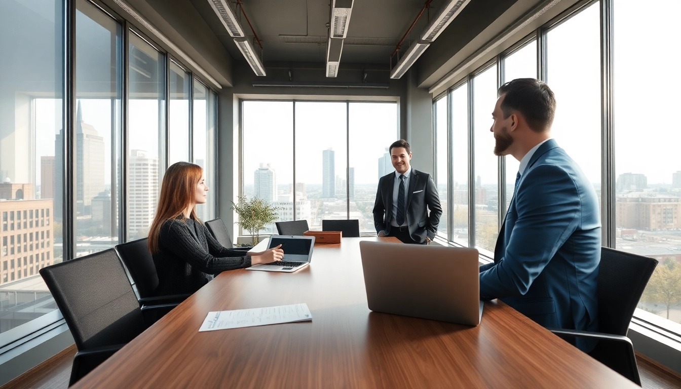 Immobilienmakler Frankfurt Eschersheim interagiert mit Kunden in modernem Büro.
