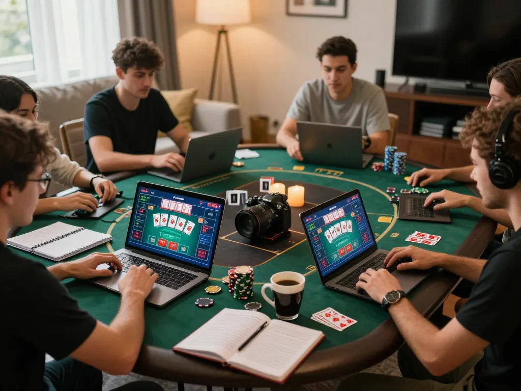 F168 players strategizing their poker game on laptops in a cozy home setting