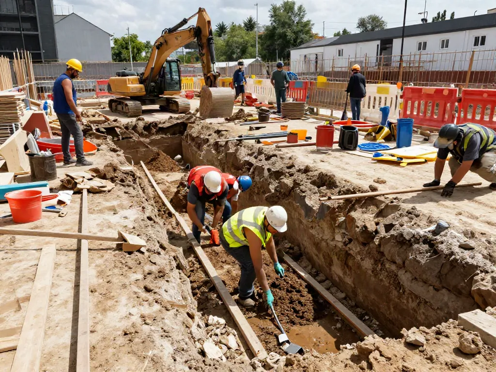 Baugrubensicherungskosten: Arbeiter auf einer Baustelle, die Baugrube ausheben und messen.