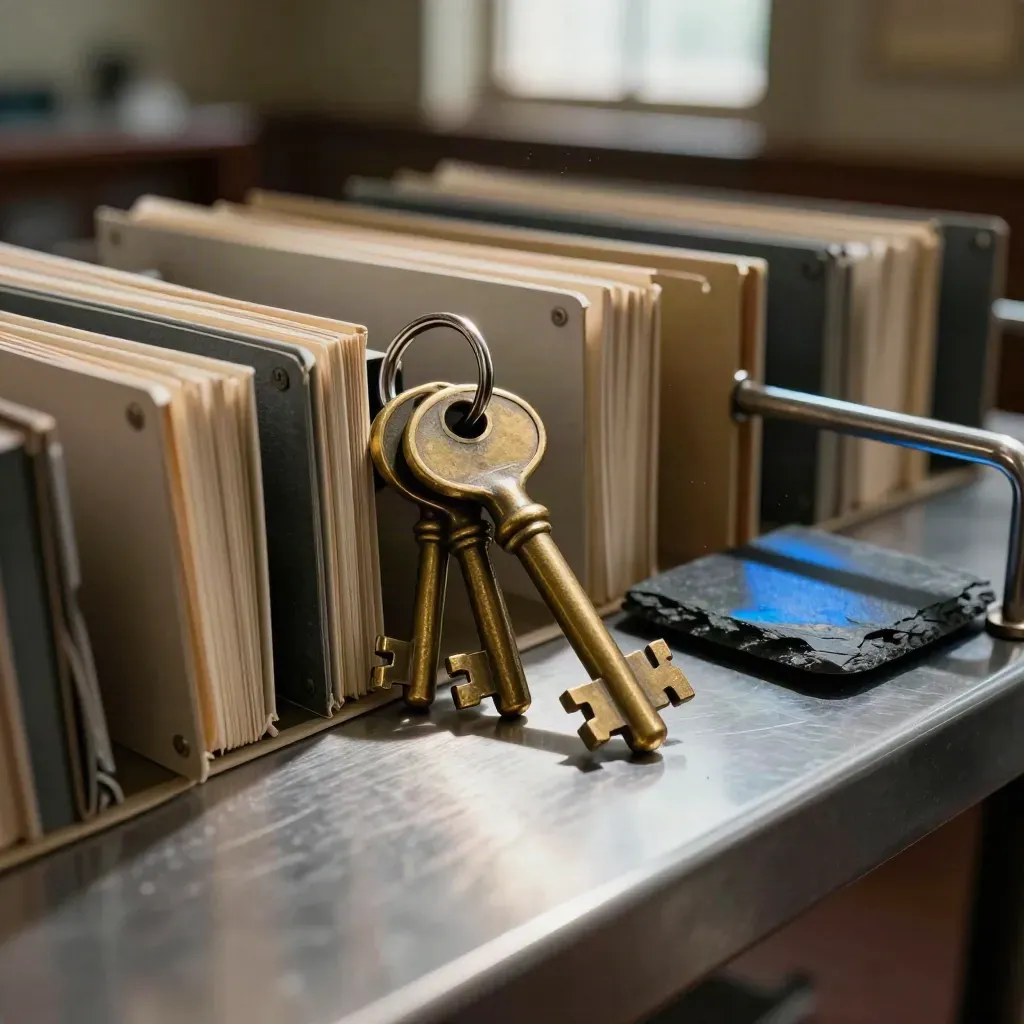 Museumschlüssel, Archiv-Register und Schieferblock auf gebürstetem Metall im dramatischen Licht.