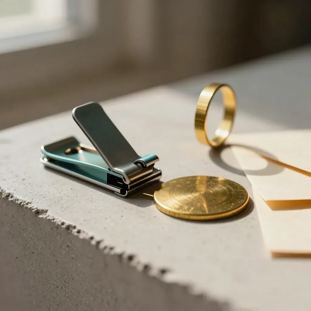 Nahaufnahme von Routing-Ringen, farbigen Clips und Messingsiegel auf hellem Beton.