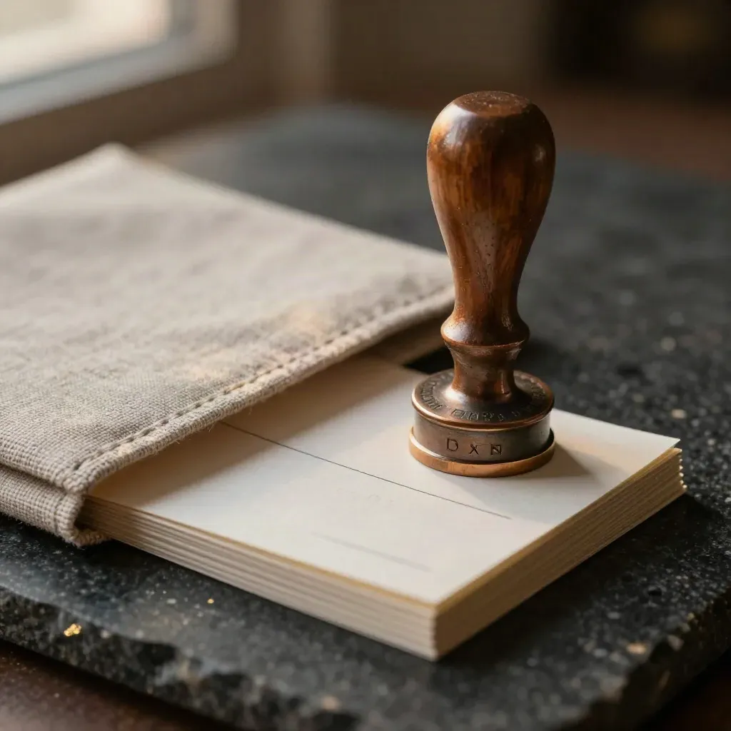 Bronzestempel, blanke RSVP-Tokens und Leinenhülle auf dunklem Stein im warmen Licht.