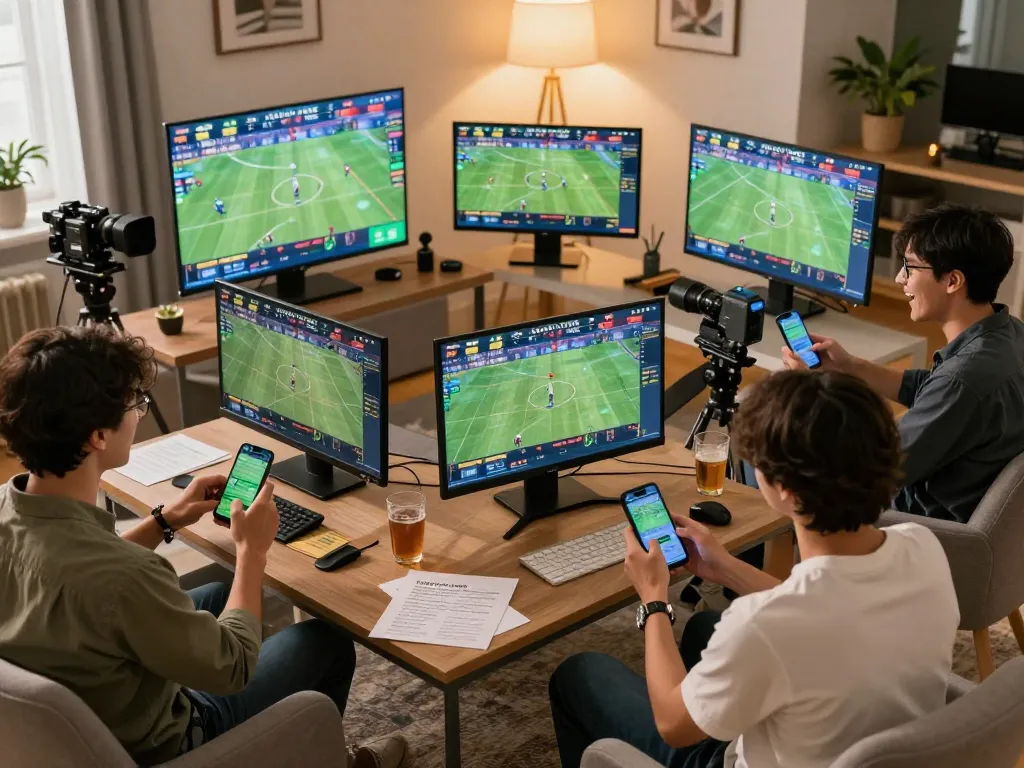 Bsport enthusiasts engaging in online sports betting at home, showcasing excitement and strategy with devices