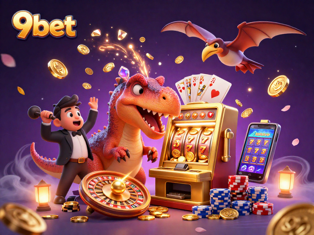 Experience thrilling wins at 9bet with a colorful dynamic casino scene featuring jackpots and coins flying everywhere.
