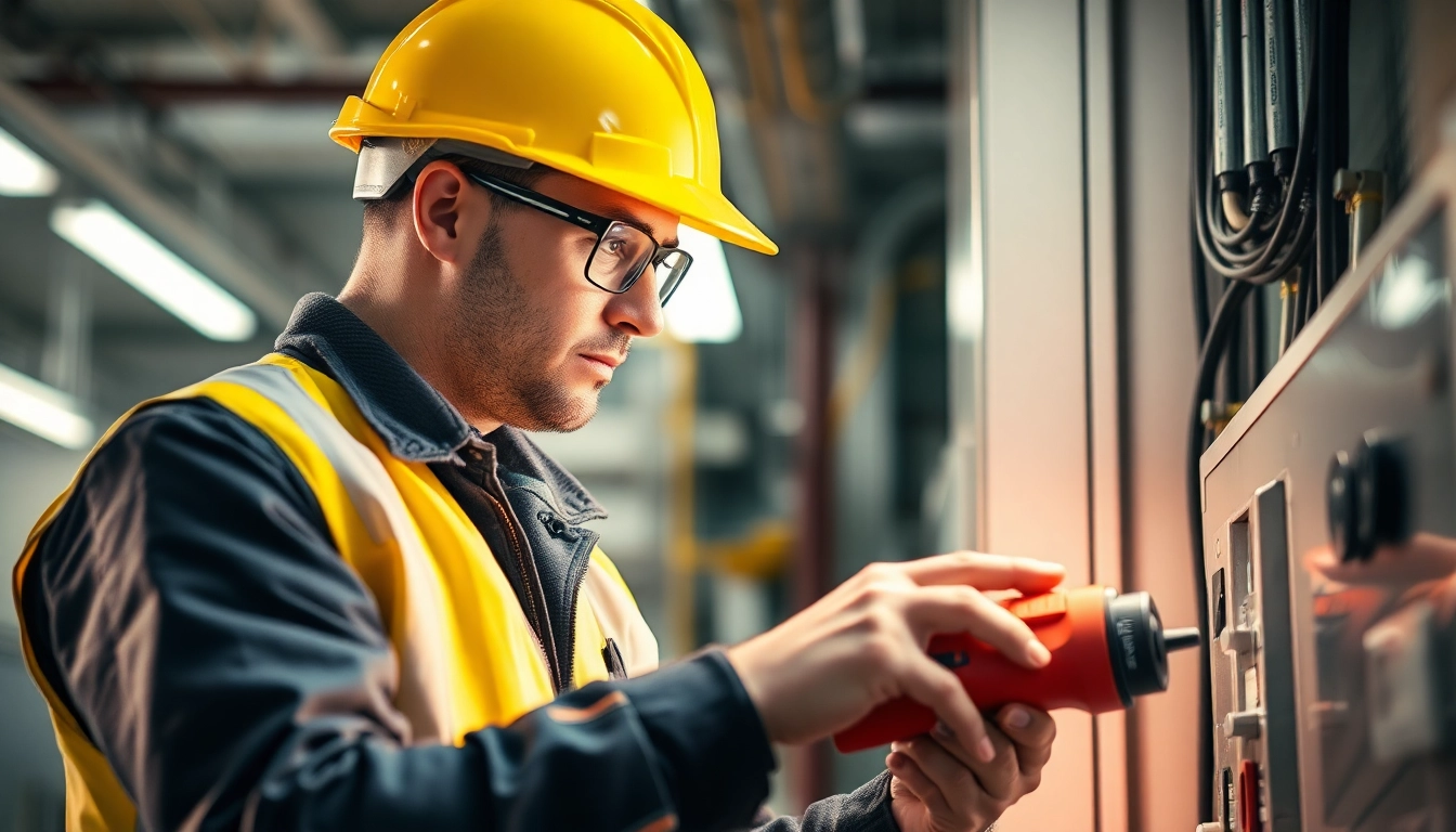 Techniker bei der DGUV V3 Prüfung elektrischer Geräte zur Gewährleistung der Sicherheit.