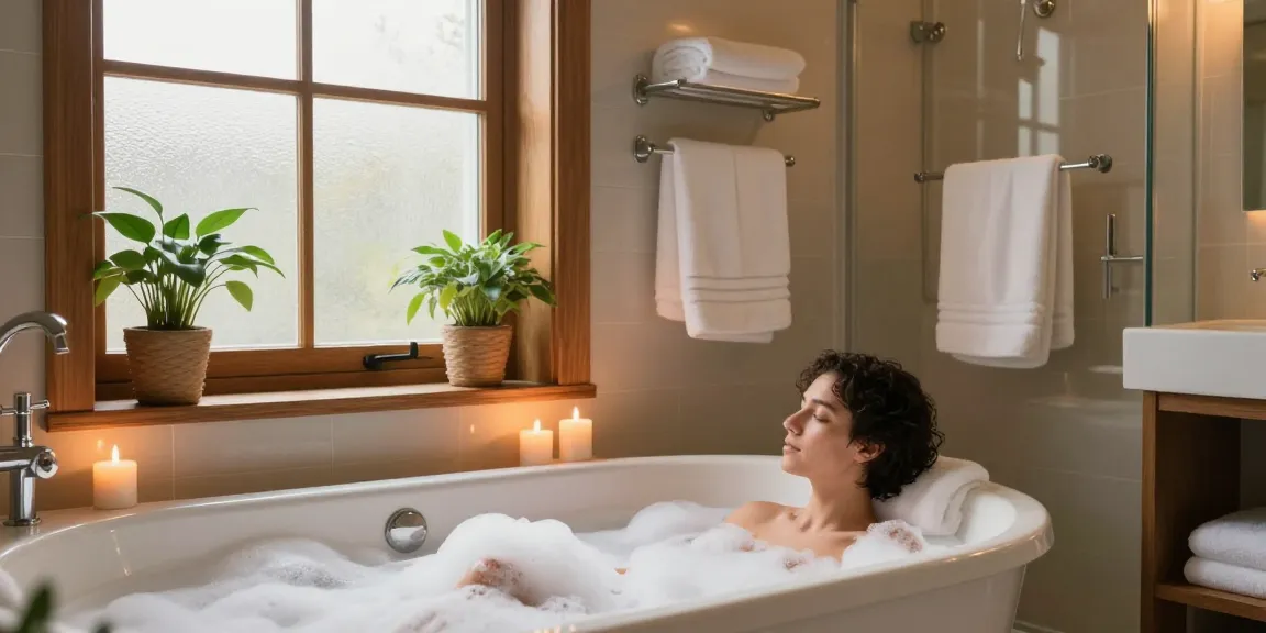 Ontspannend hoekbad in een stijlvolle badkamer met kaarsen en planten.